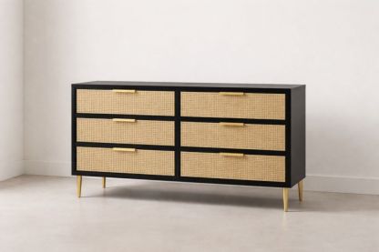 Wooden Dresser with Woven Rattan Drawers and Metal Legs 6-Drawer Black/Natural-Jardinserio
