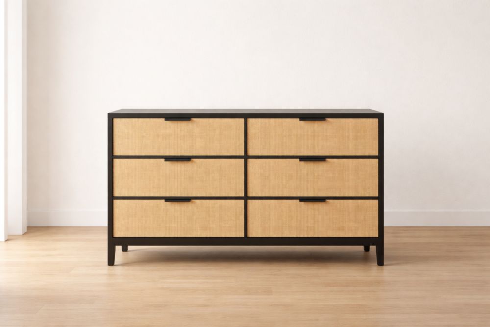 Six-Drawer Dresser with Wood and Rattan in Black/Natural-Jardinserio