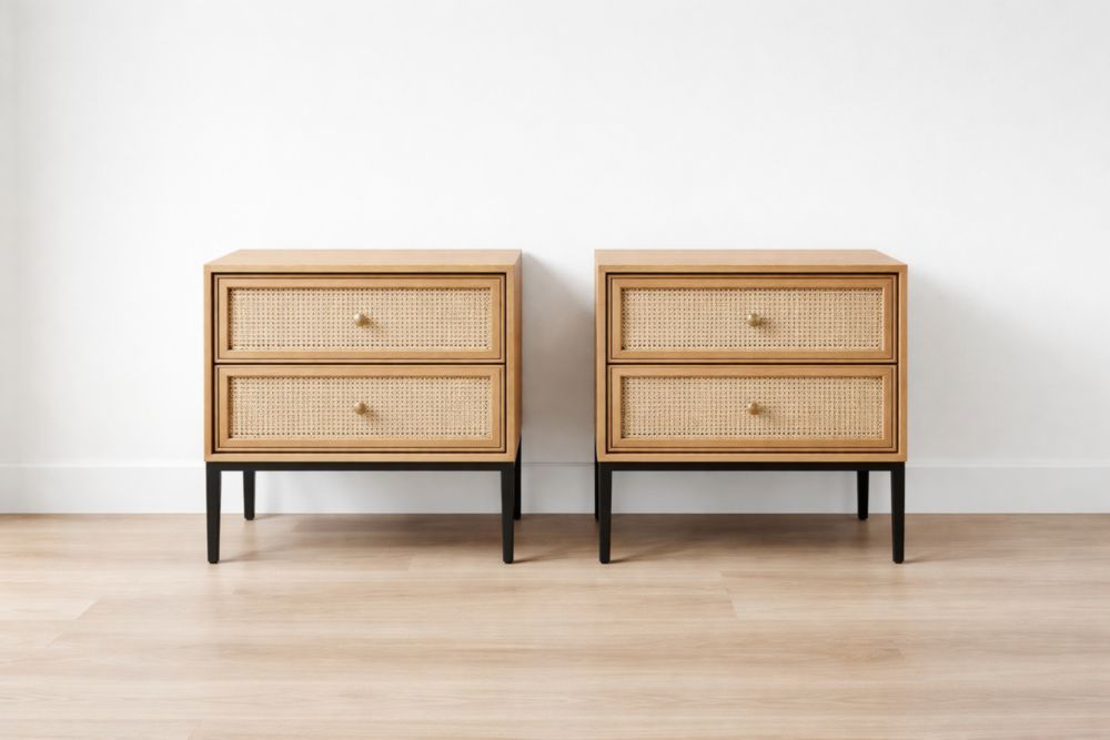 Wood Nightstand Set with Rattan Drawers and Black Metal Legs-Jardinserio