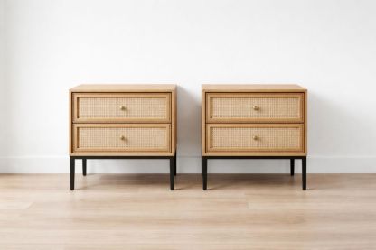 Wood Nightstand Set with Rattan Drawers and Black Metal Legs-Jardinserio