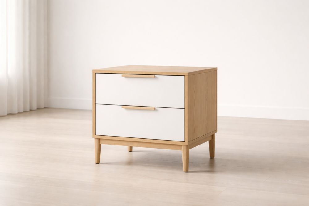 Wood Nightstand with Two Drawers in White and Natural Finish-Jardinserio