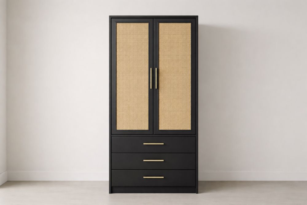 MDF Wardrobe with Rattan Doors and Drawers Black 180x90x50 cm-Jardinserio