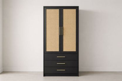 MDF Wardrobe with Rattan Doors and Drawers Black 180x90x50 cm-Jardinserio