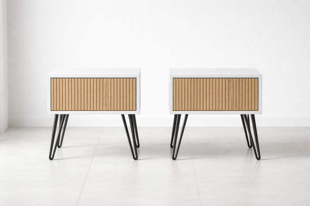 Set of 2 Modern Nightstands with Ribbed Drawer and Metal Legs-Jardinserio