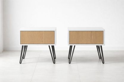 Set of 2 Modern Nightstands with Ribbed Drawer and Metal Legs-Jardinserio