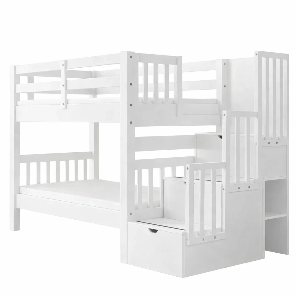 Bunk Bed Wooden White with Stairs and Storage-FURMIXIO