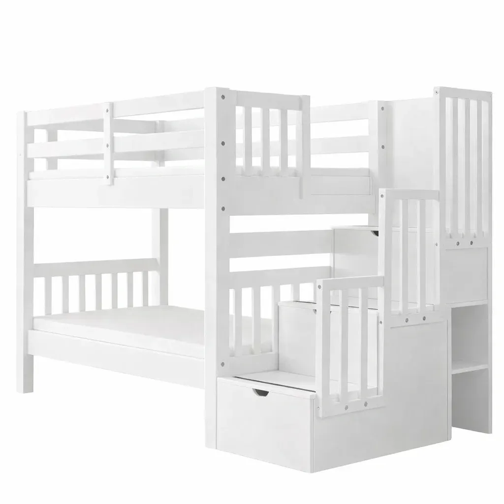 Bunk Bed Wooden White with Stairs and Storage-FURMIXIO