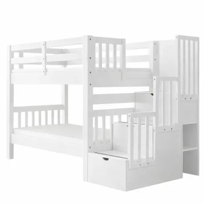 Bunk Bed Wooden White with Stairs and Storage-FURMIXIO