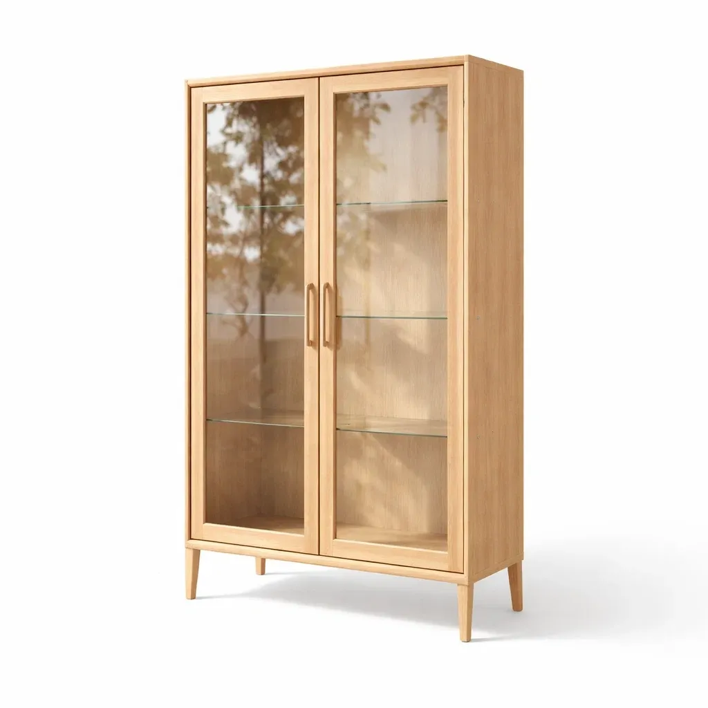 Display Cabinet Oak with Glass Doors and Shelves-FURMIXIO