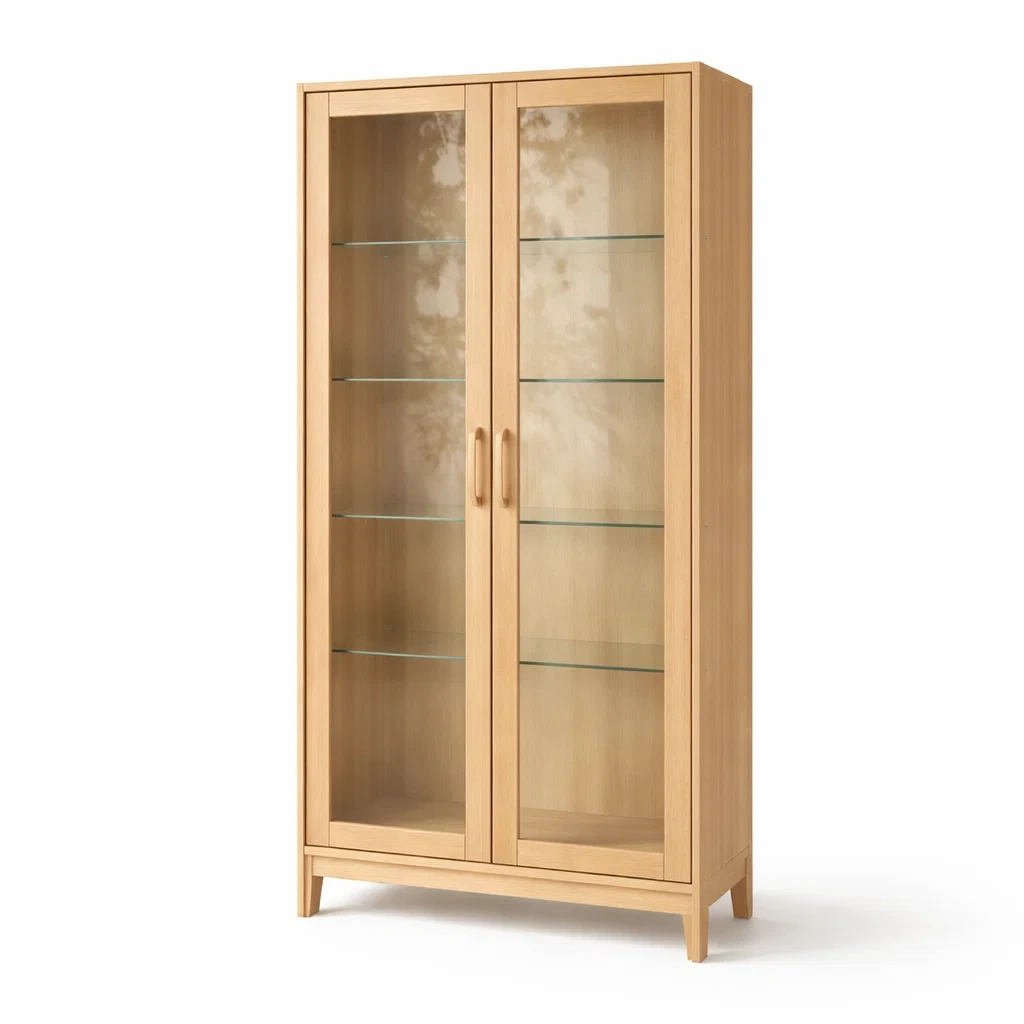Display Cabinet Tall Oak with Glass Doors and Shelves-FURMIXIO