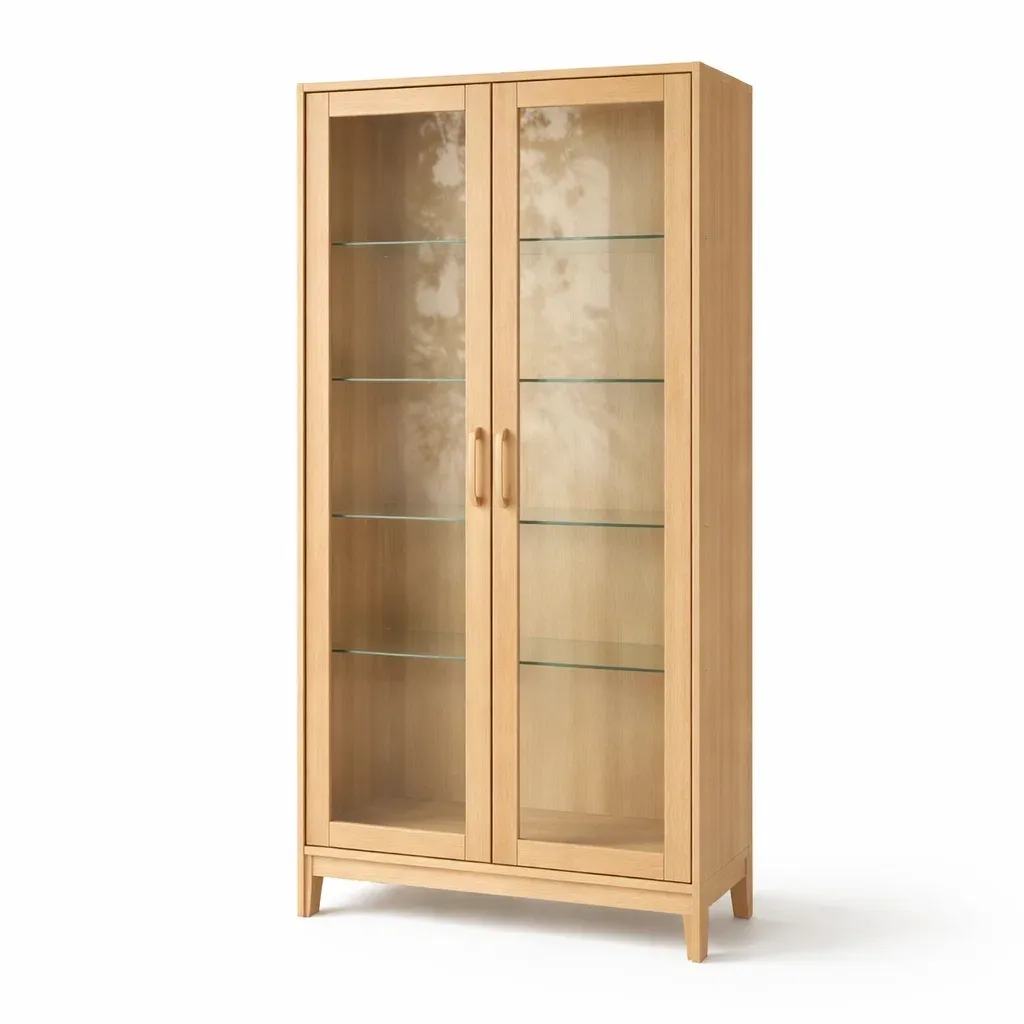 Display Cabinet Tall Oak with Glass Doors and Shelves-FURMIXIO