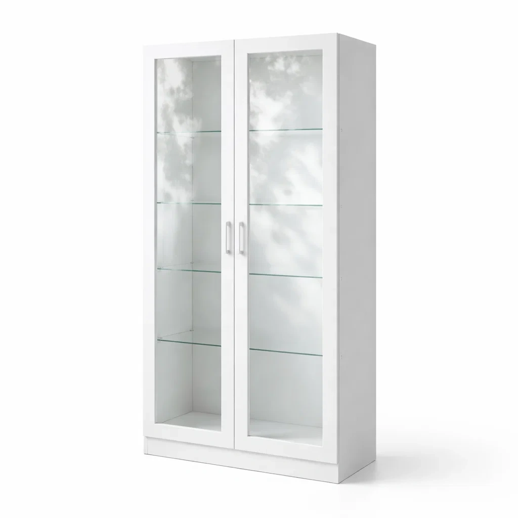 Display Cabinet White MDF Frame with Tempered Glass-FURMIXIO