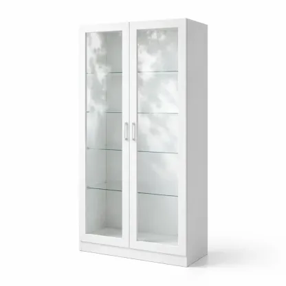 Display Cabinet White MDF Frame with Tempered Glass-FURMIXIO