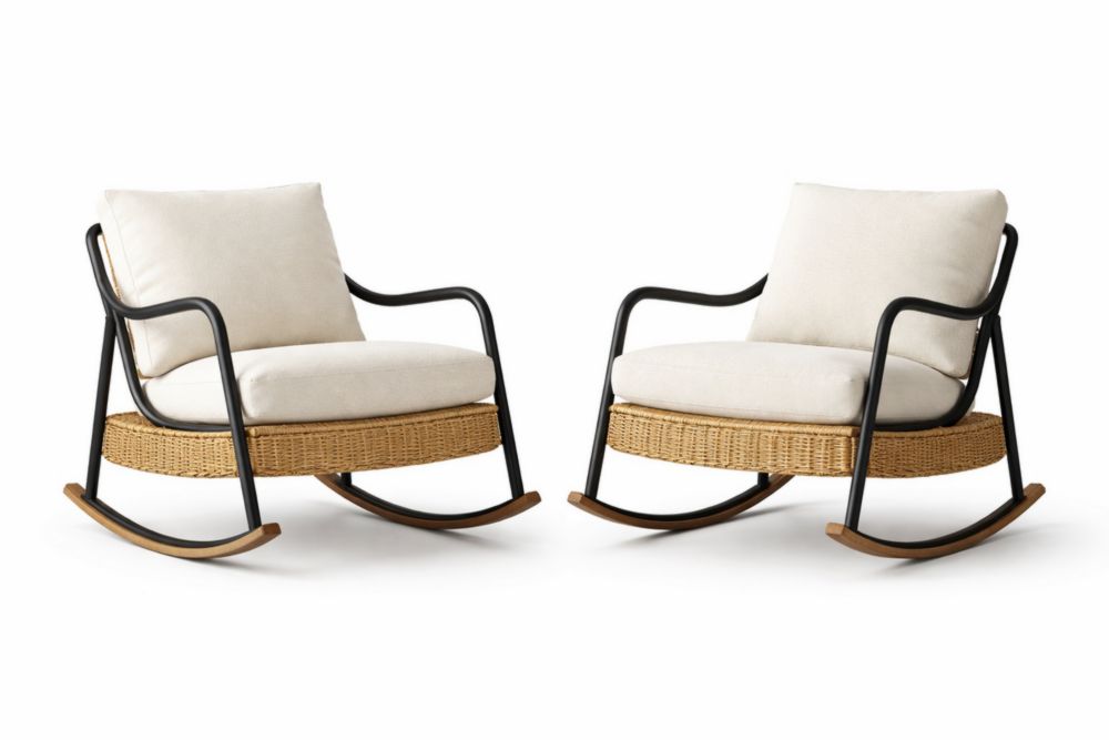 Set of 2 Wicker Rocking Chairs with Metal Frame and Polyester Cushions-Havenestilo