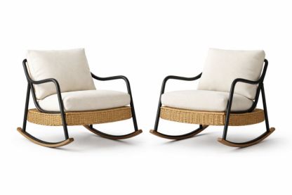Set of 2 Wicker Rocking Chairs with Metal Frame and Polyester Cushions-Havenestilo