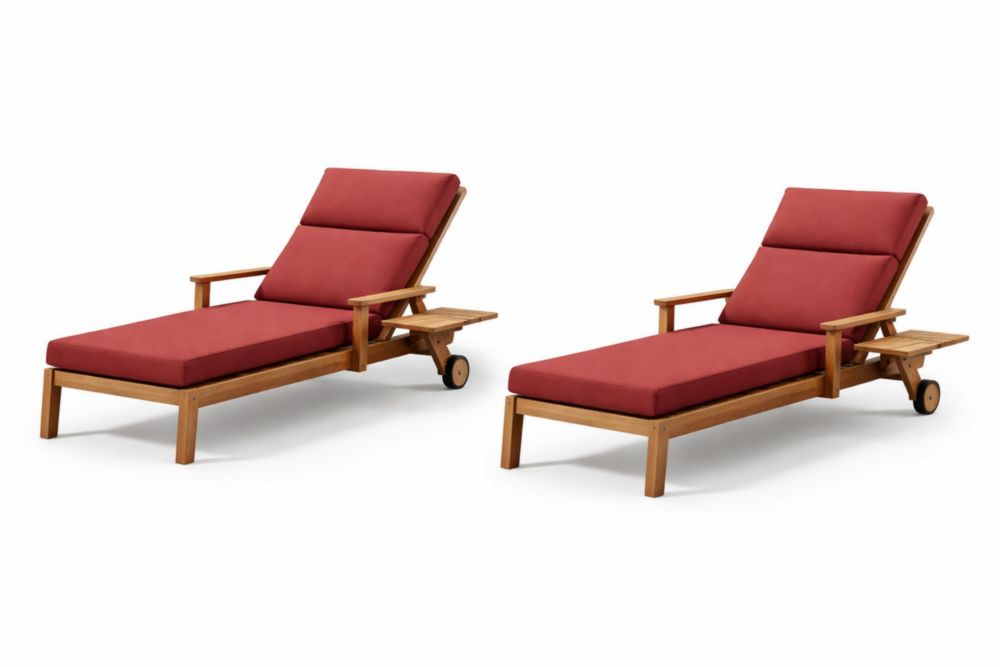 Teak Wood Outdoor Chaise Lounge Set with Red Cushions-Havenestilo