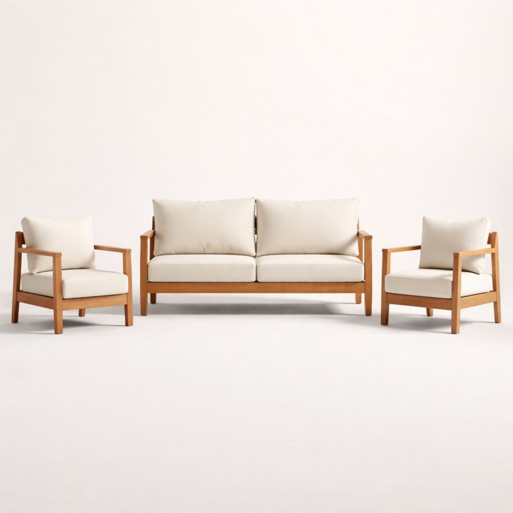 Outdoor Solid Wood Sofa and Armchair Set with Beige Cushions 3-Piece-Havenestilo