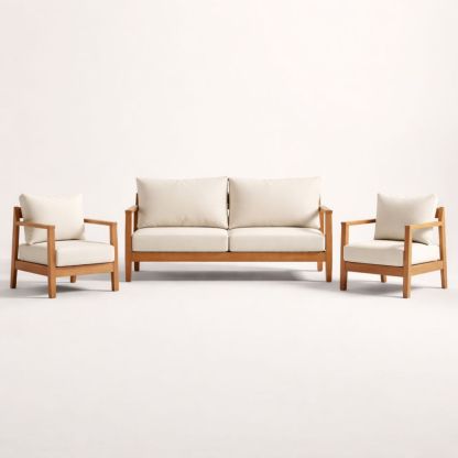 Outdoor Solid Wood Sofa and Armchair Set with Beige Cushions 3-Piece-Havenestilo