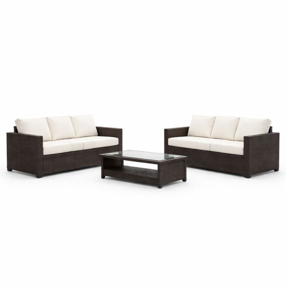 Outdoor Wicker Sofa Set with Cushions and Tempered Glass Coffee Table-Havenestilo