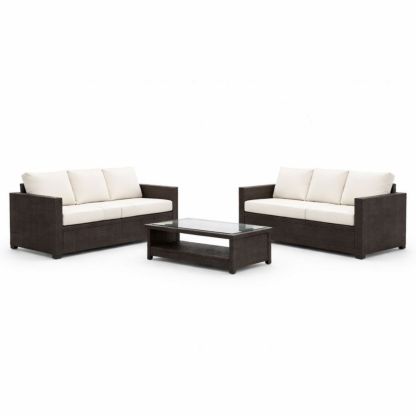 Outdoor Wicker Sofa Set with Cushions and Tempered Glass Coffee Table-Havenestilo