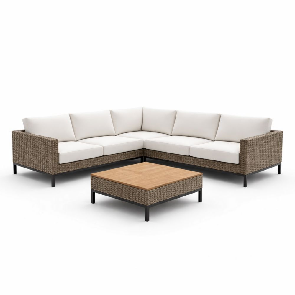 Outdoor Sectional Sofa Set with Wicker and Coffee Table in Beige-Havenestilo