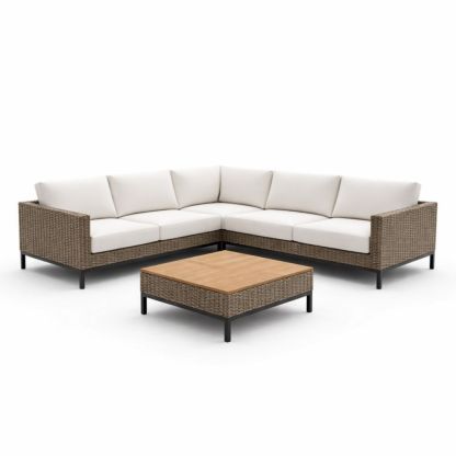 Outdoor Sectional Sofa Set with Wicker and Coffee Table in Beige-Havenestilo