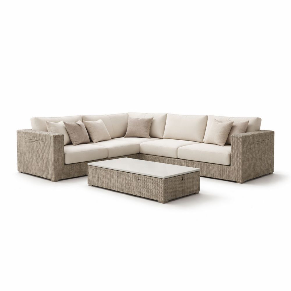Outdoor Patio Rattan Sectional Sofa Set with Cushions and Tempered Glass Coffee Table-Havenestilo