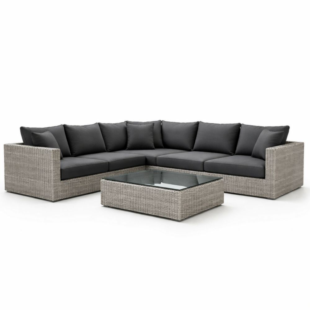 Outdoor Wicker Corner Sectional Sofa Set with Glass Coffee Table Gray-Havenestilo