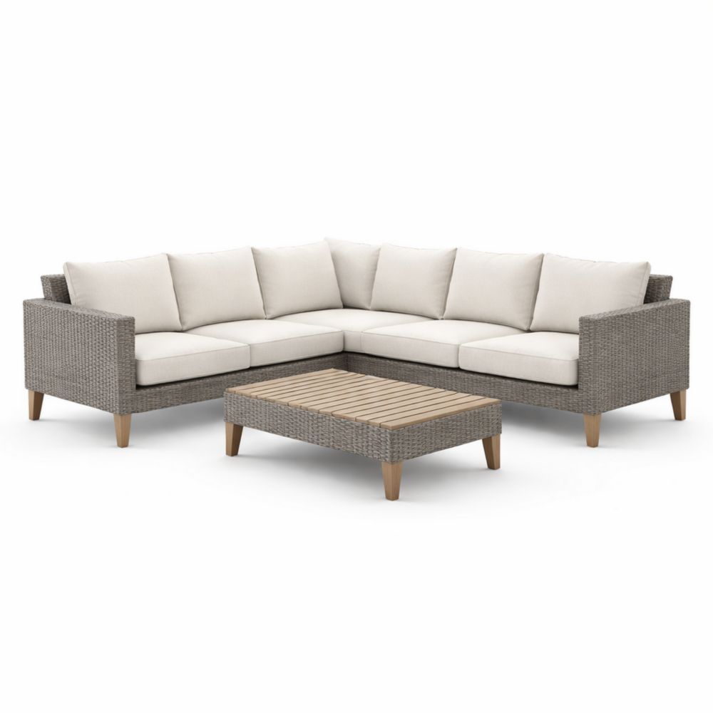 Outdoor Sectional Sofa Set with Wicker Frame and Beige Cushions-Havenestilo