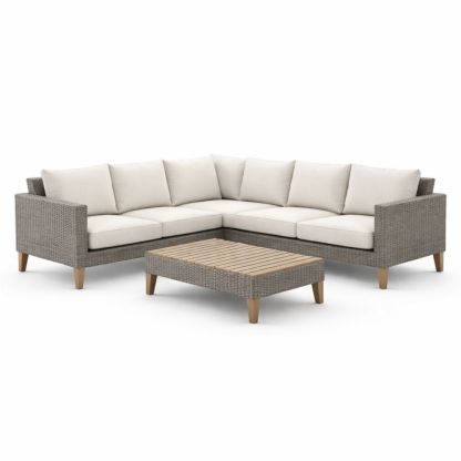 Outdoor Sectional Sofa Set with Wicker Frame and Beige Cushions-Havenestilo