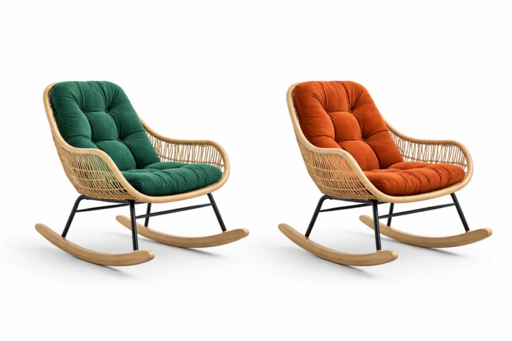 Rattan Rocking Chair Set with Green and Orange Cushions-Havenestilo