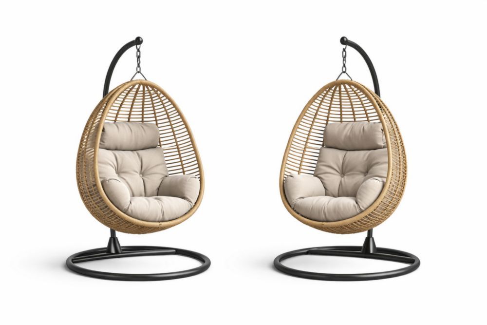 Rattan Egg Shape Hanging Chair with Stand and Beige Cushion-Havenestilo