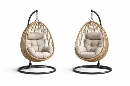 Rattan Egg Shape Hanging Chair with Stand and Beige Cushion-Havenestilo