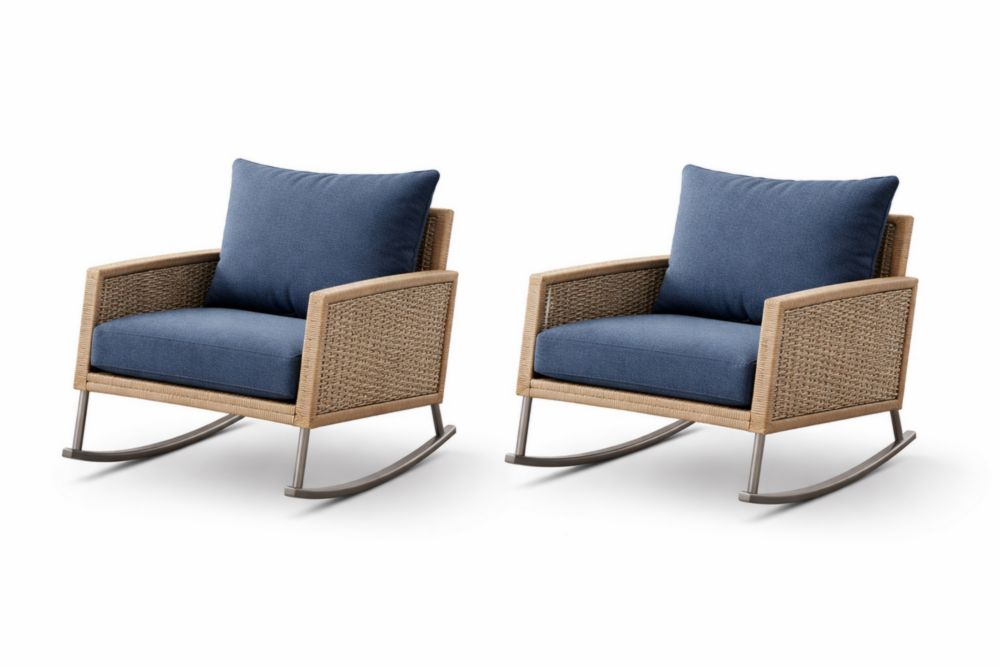 Set of 2 Outdoor Rocking Chairs Woven Frame Blue Cushions-Havenestilo