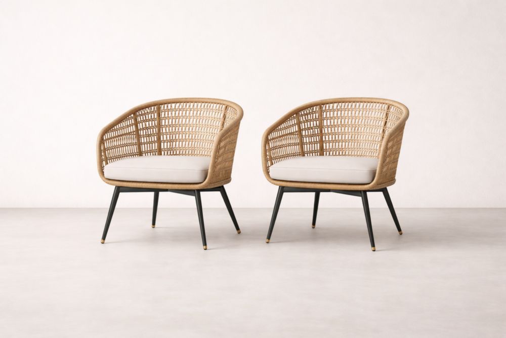 Rattan Armchair Set with Aluminum Legs and Beige Cushions