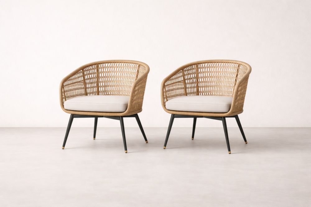 Rattan Armchair Set with Aluminum Legs and Beige Cushions