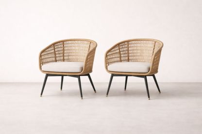 Rattan Armchair Set with Aluminum Legs and Beige Cushions