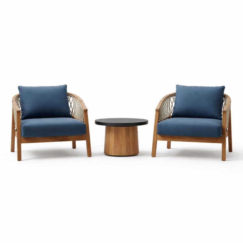 Outdoor Patio Chair and Table Set with Blue Cushions and Teak Wood Frame