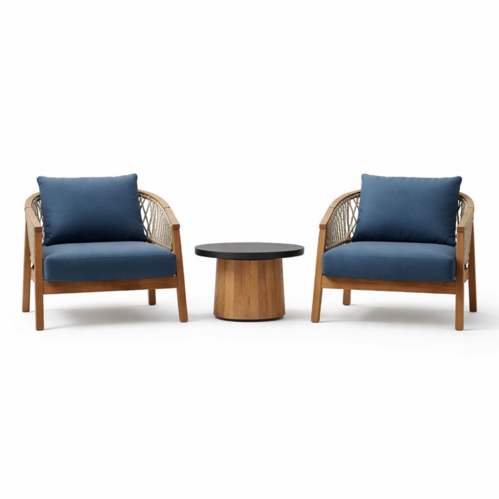 Outdoor Patio Chair and Table Set with Blue Cushions and Teak Wood Frame