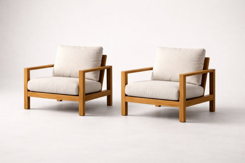 Teak Wood Outdoor Armchair Set with Beige Cushions