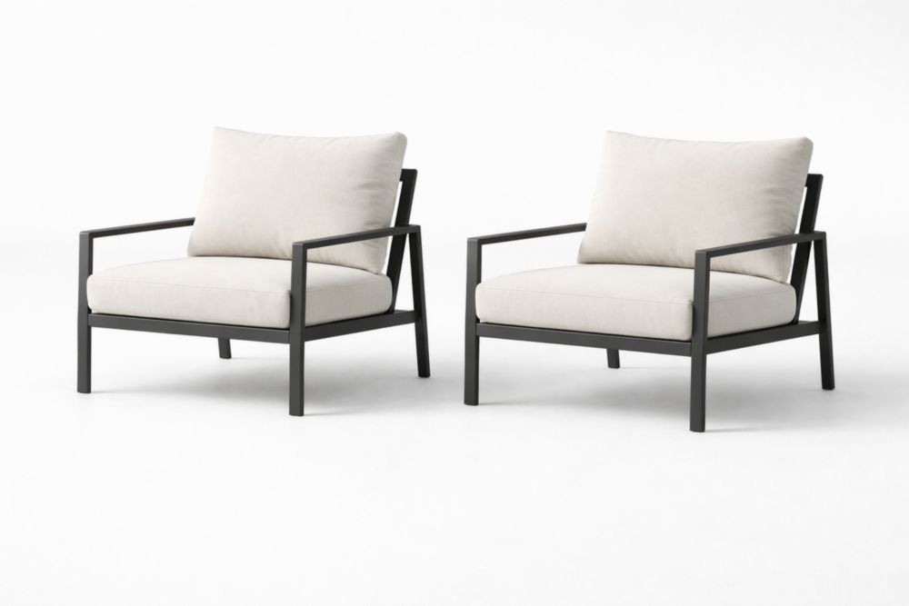 Aluminum and Polyester Outdoor Lounge Chair Set of 2 with Black Frame and Beige Cushions