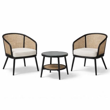 Outdoor Patio Furniture Set with Rattan Armchairs and Glass Top Table