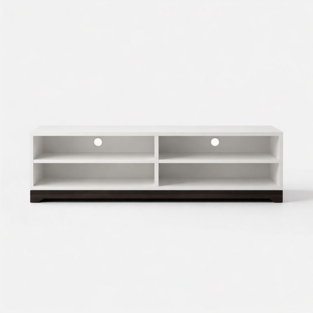 White MDF TV Stand with Black Base and Cable Management