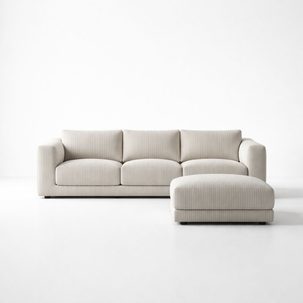 Beige Corduroy Sectional Sofa with Ottoman