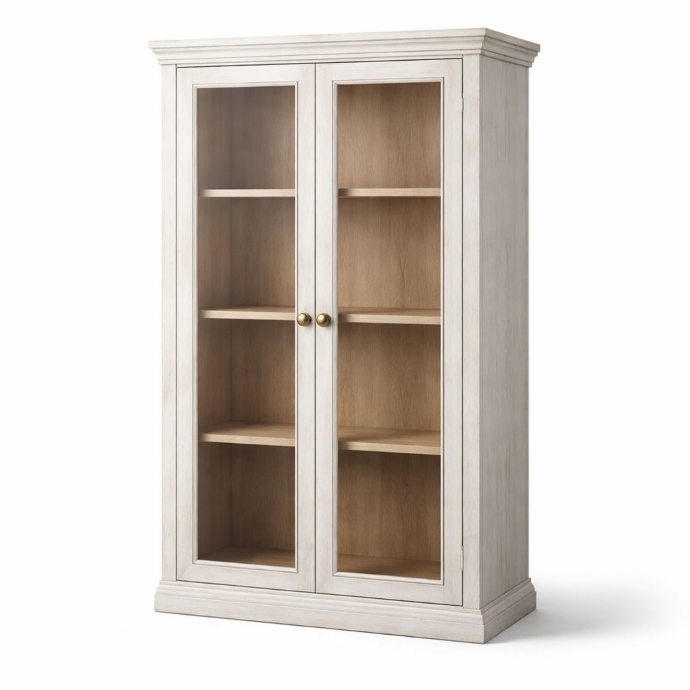 Tall display cabinet with glass doors and white wooden shelves