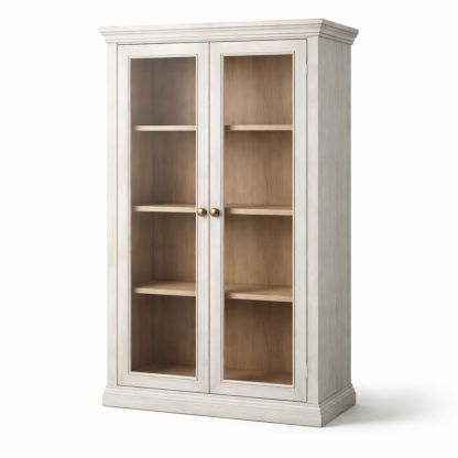 Tall display cabinet with glass doors and white wooden shelves