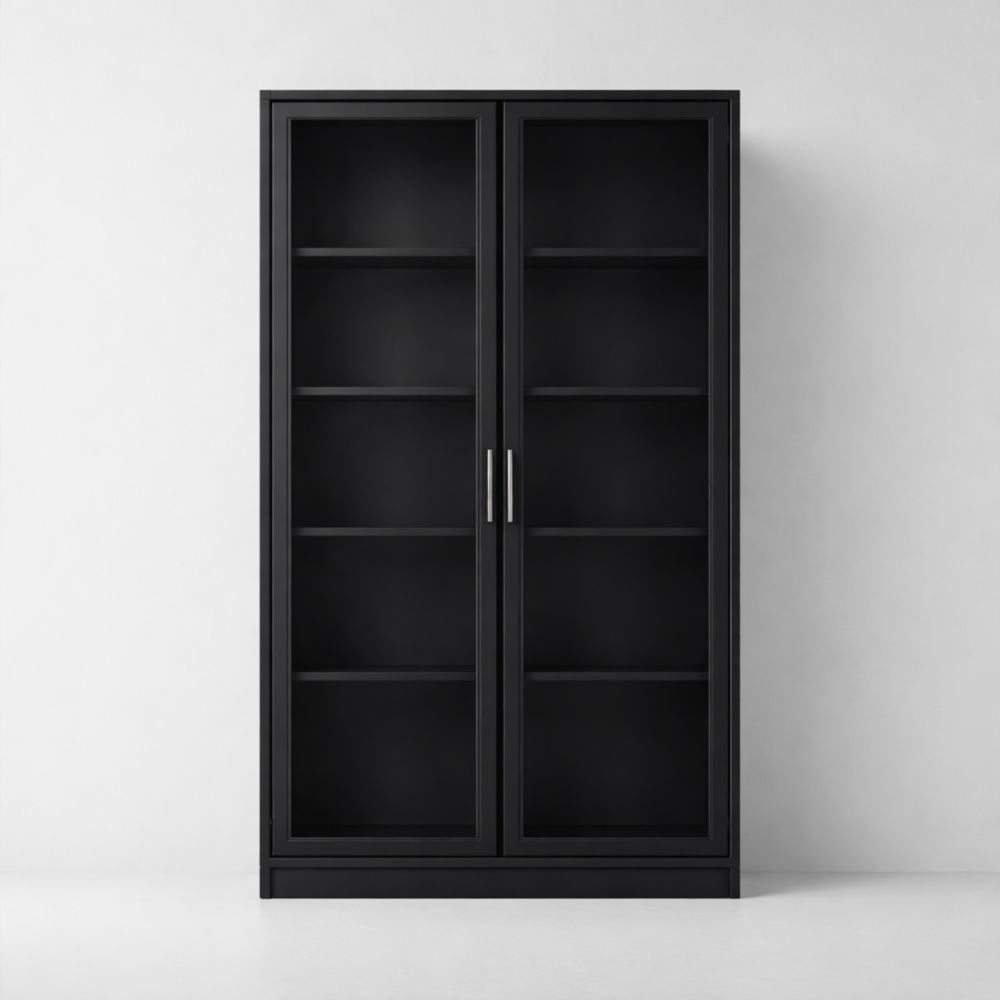 Black MDF display cabinet with glass doors and adjustable shelves