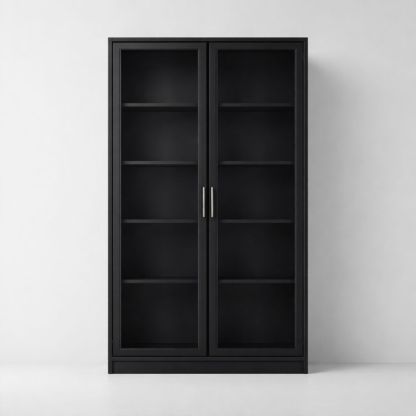 Black MDF display cabinet with glass doors and adjustable shelves