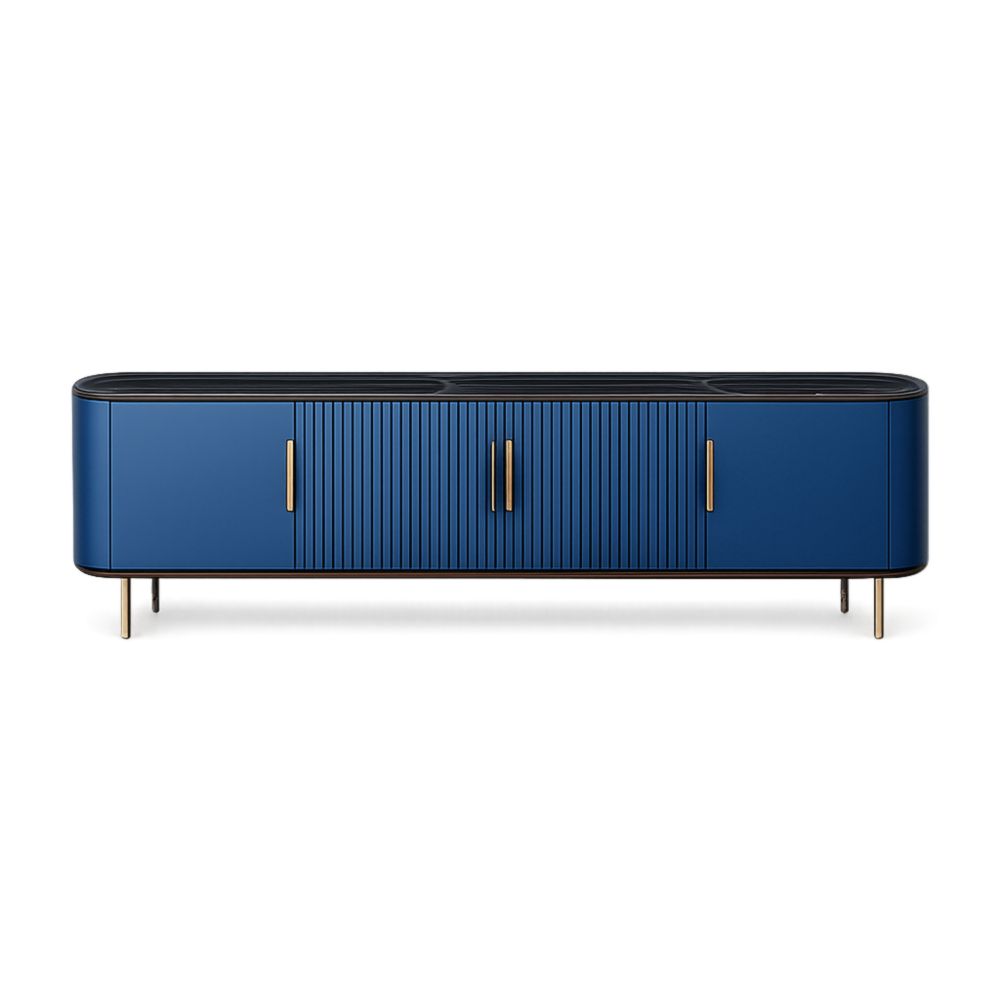 Blue MDF Media Cabinet with Black Top and Metal Legs
