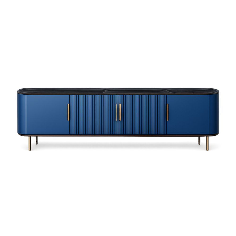 Blue MDF Media Cabinet with Black Top and Metal Legs